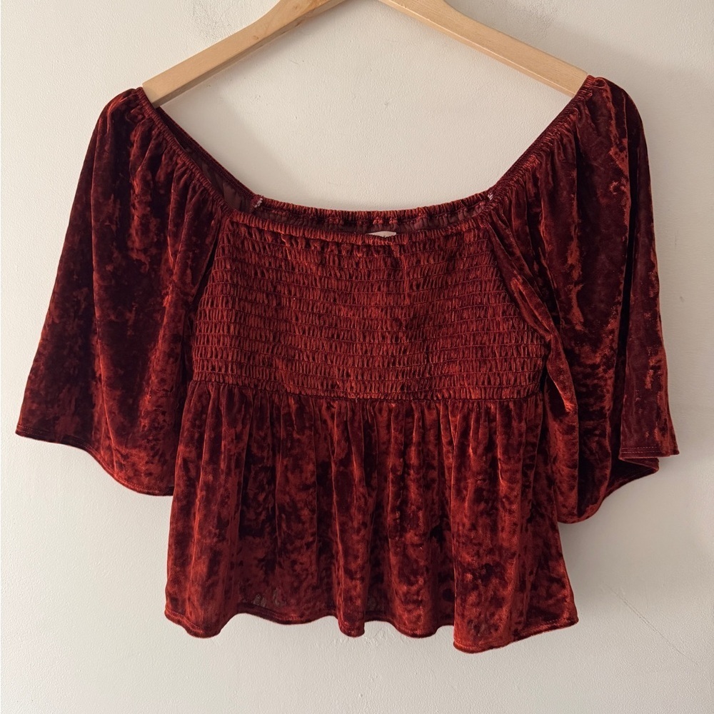 American Eagle Red Velvet Cropped Smocked Blouse Flare Sleeves